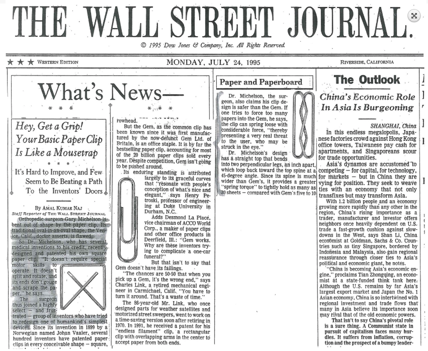 Hey, Get a Grip! Your Basic Paper Clip is like a Mousetrap [1995-07-24. Amal Kumar Naj. The Wall Street Journal]