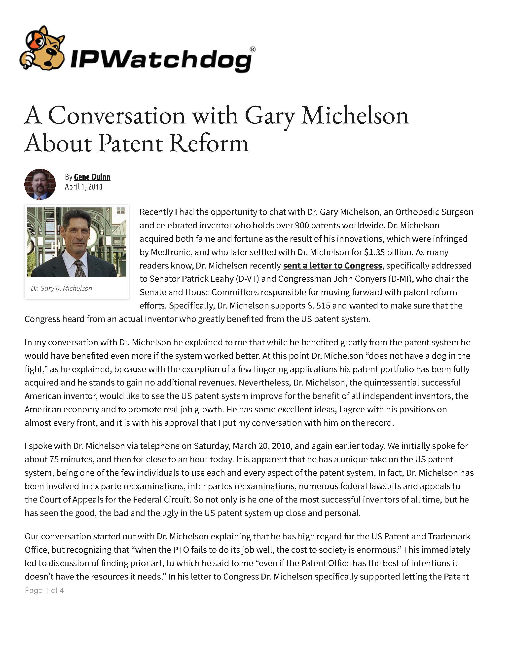 [Pg 1] A Conversation with Gary Michelson About Patent Reform | IPWatchdog.com