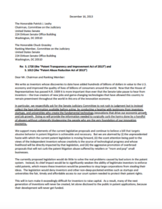 A letter signed by Dr. Gary K. Michelson and others to the Senate Judiciary Committee in support of the America Invents Act, which was eventually signed into law. Dr. Michelson, an advocate of intellectual property reform and education, supported the bill because of his view that it would help out start-ups, entrepreneurs, and small businesses, while curtailing the abuses of patent trolls.