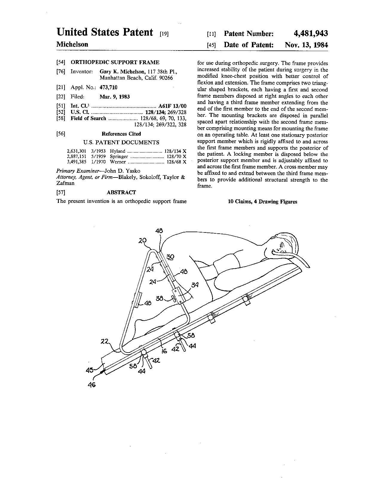 Orthopedic support frame - Patent 4,481,943
