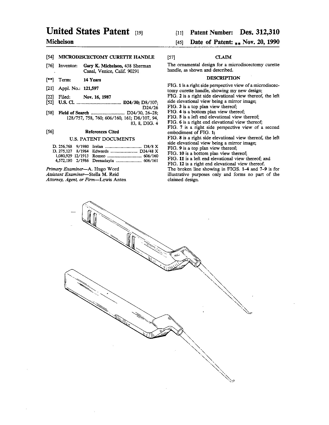 Microdiscectomy curette handle - Patent D312,310