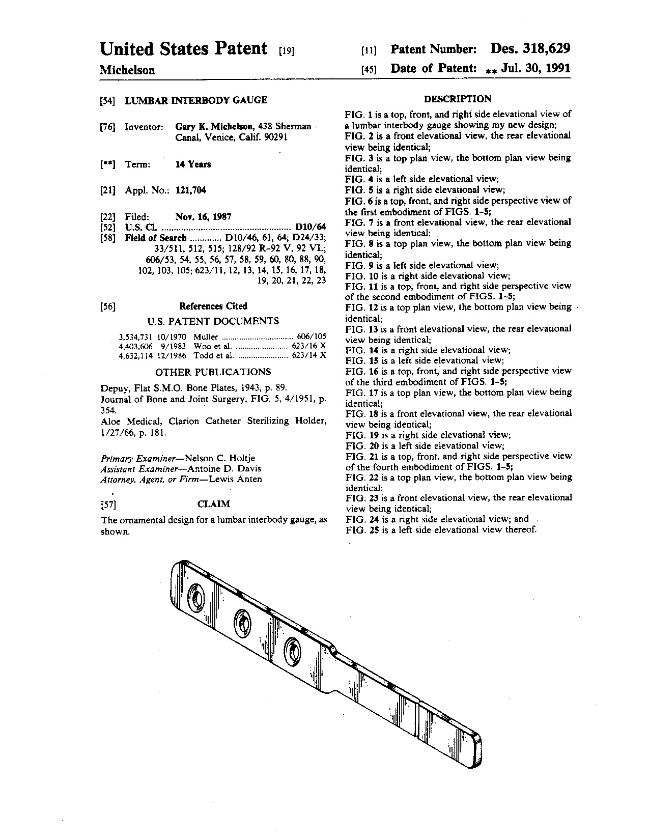 Lumbar interbody gauge - Patent D318,629
