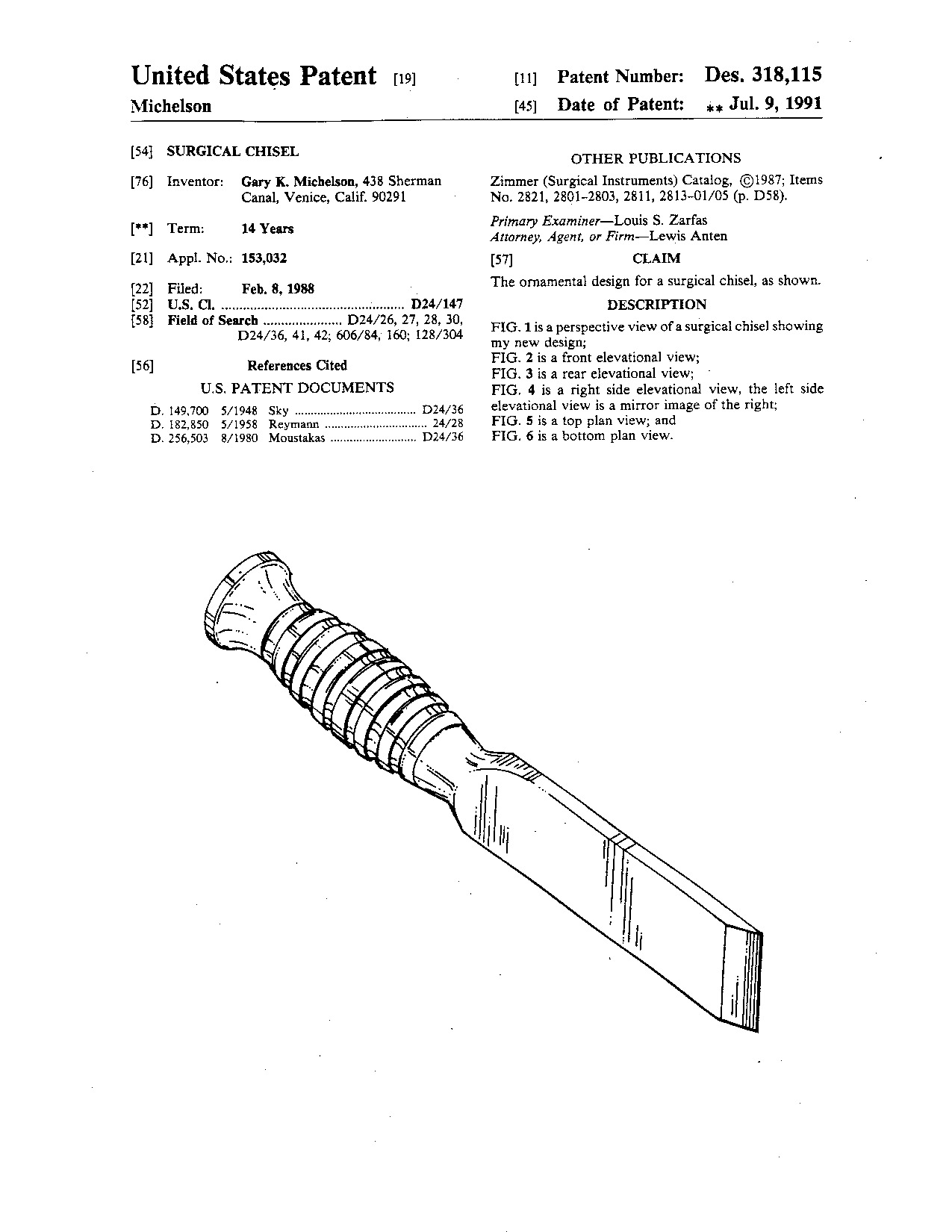 Surgical chisel - Patent D318,115