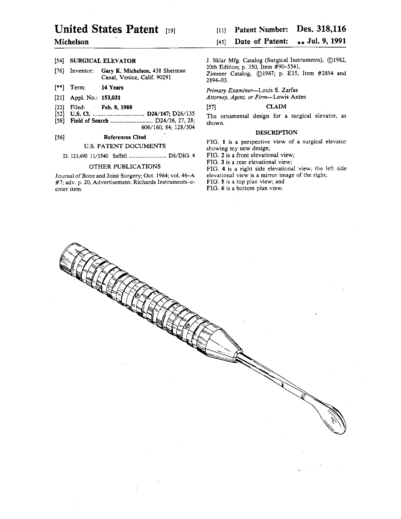 Surgical elevator - Patent D318,116