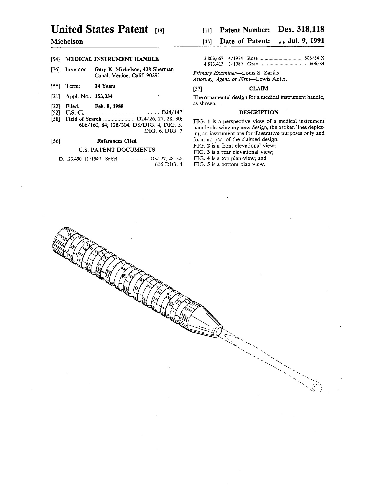 Medical instrument handle - Patent D318,118