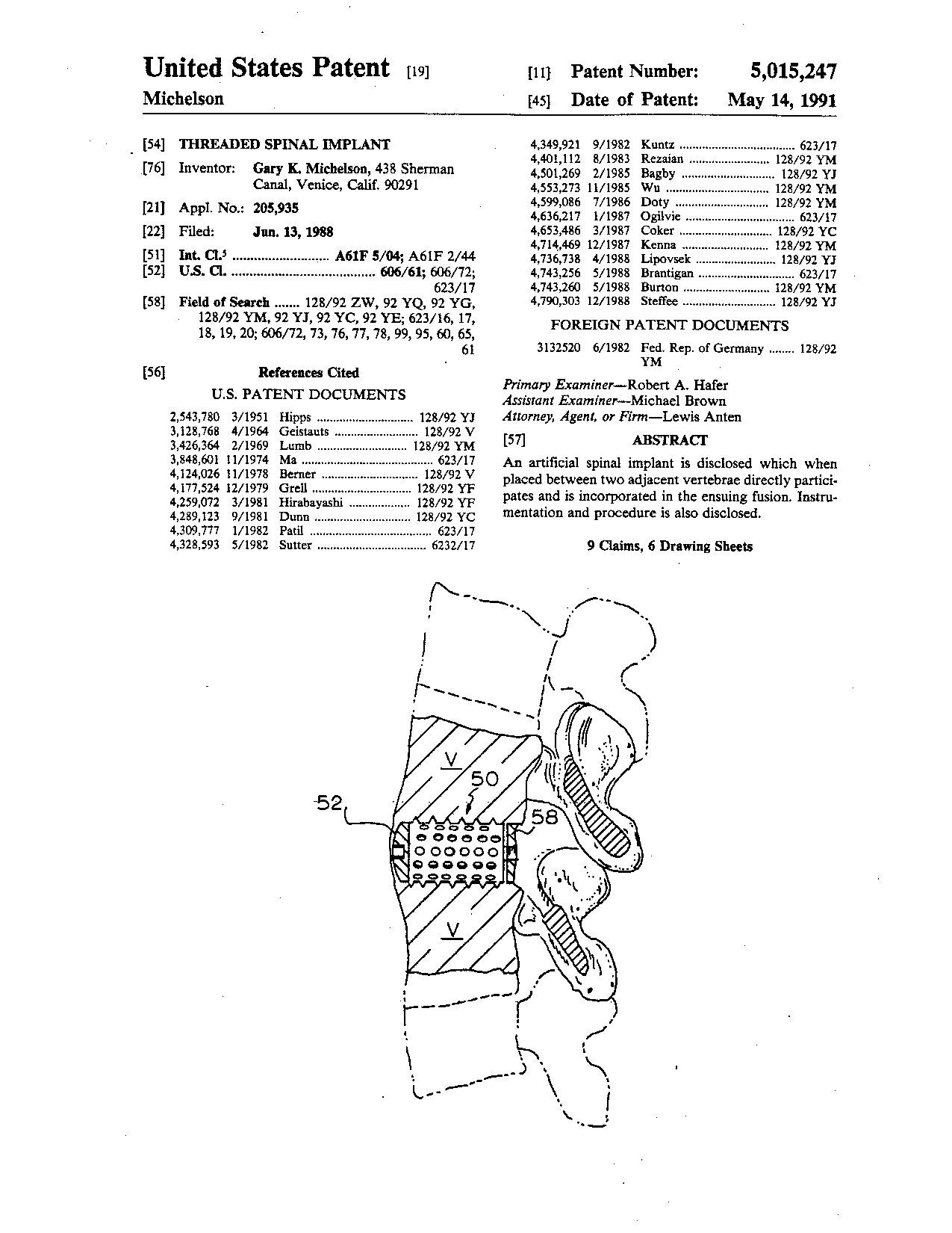 Threaded spinal implant - Patent 5,015,247