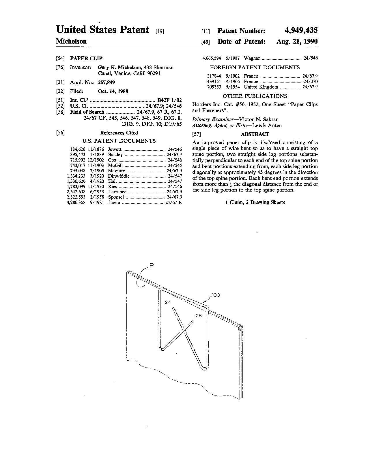 Paper clip - Patent 4,949,435