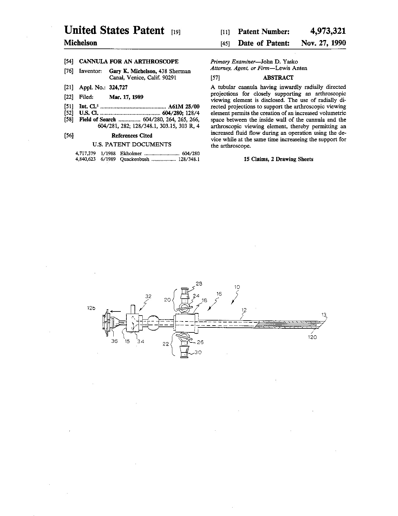 Cannula for an arthroscope - Patent 4,973,321