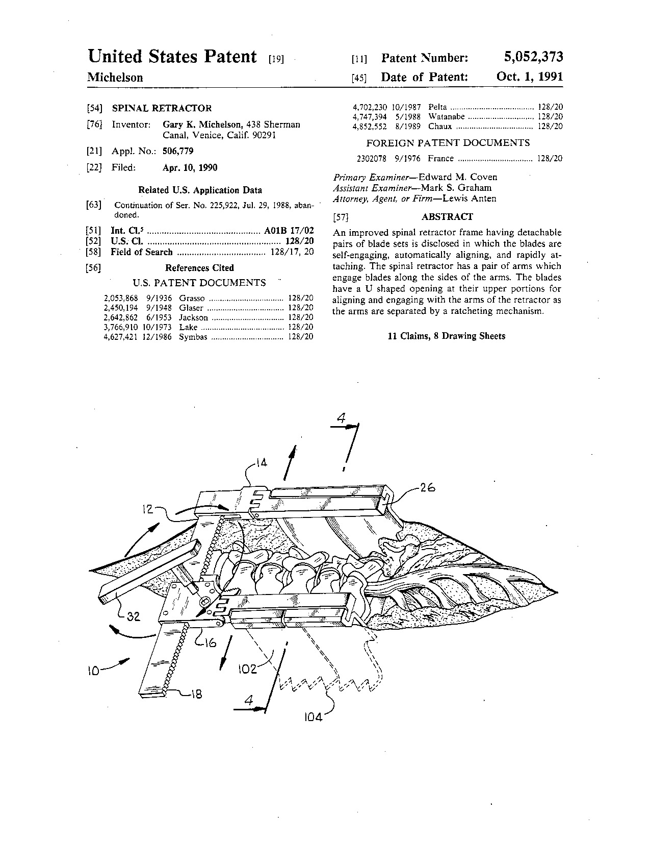 Spinal retractor - Patent 5,052,373