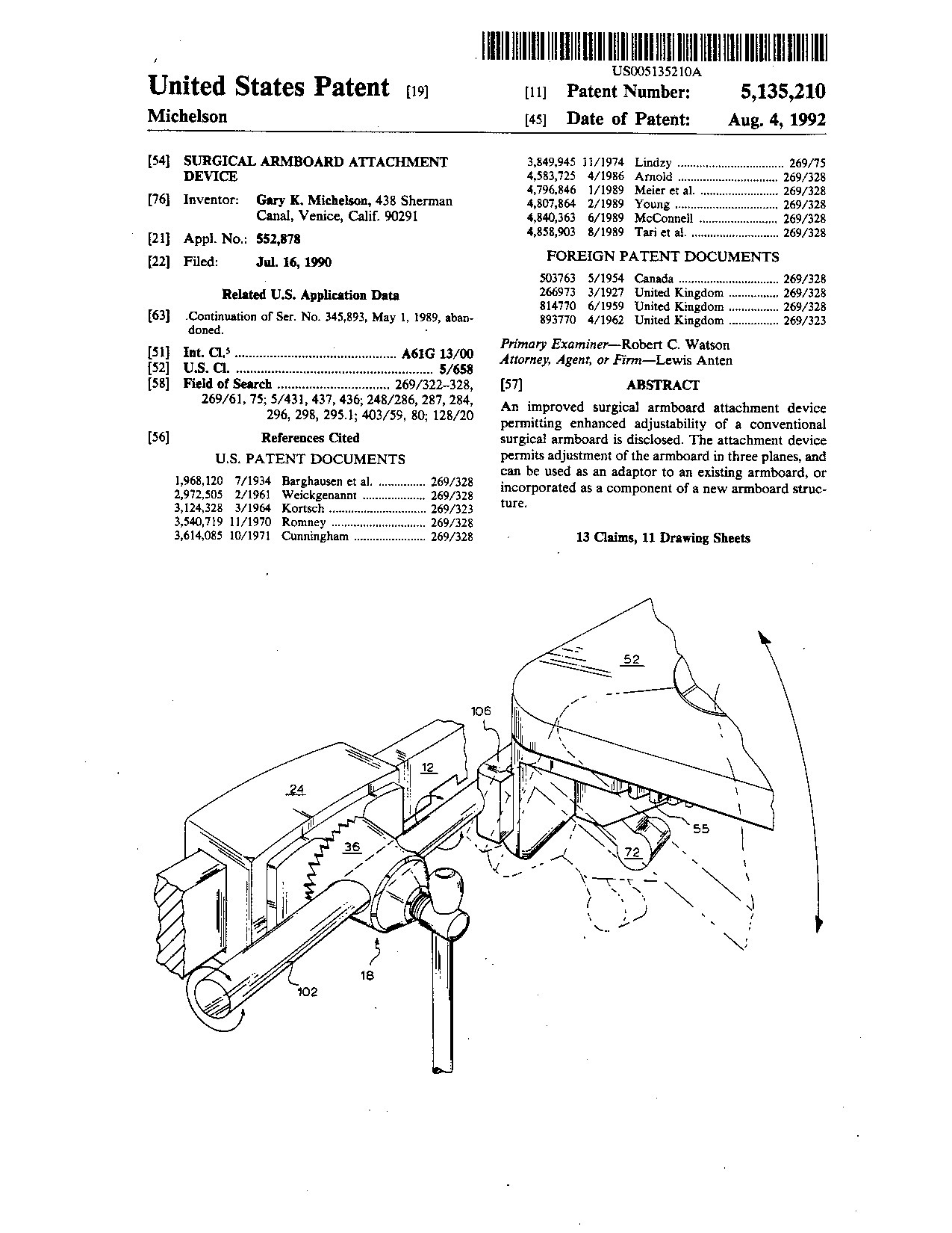 Surgical armboard attachment device - Patent 5,135,210