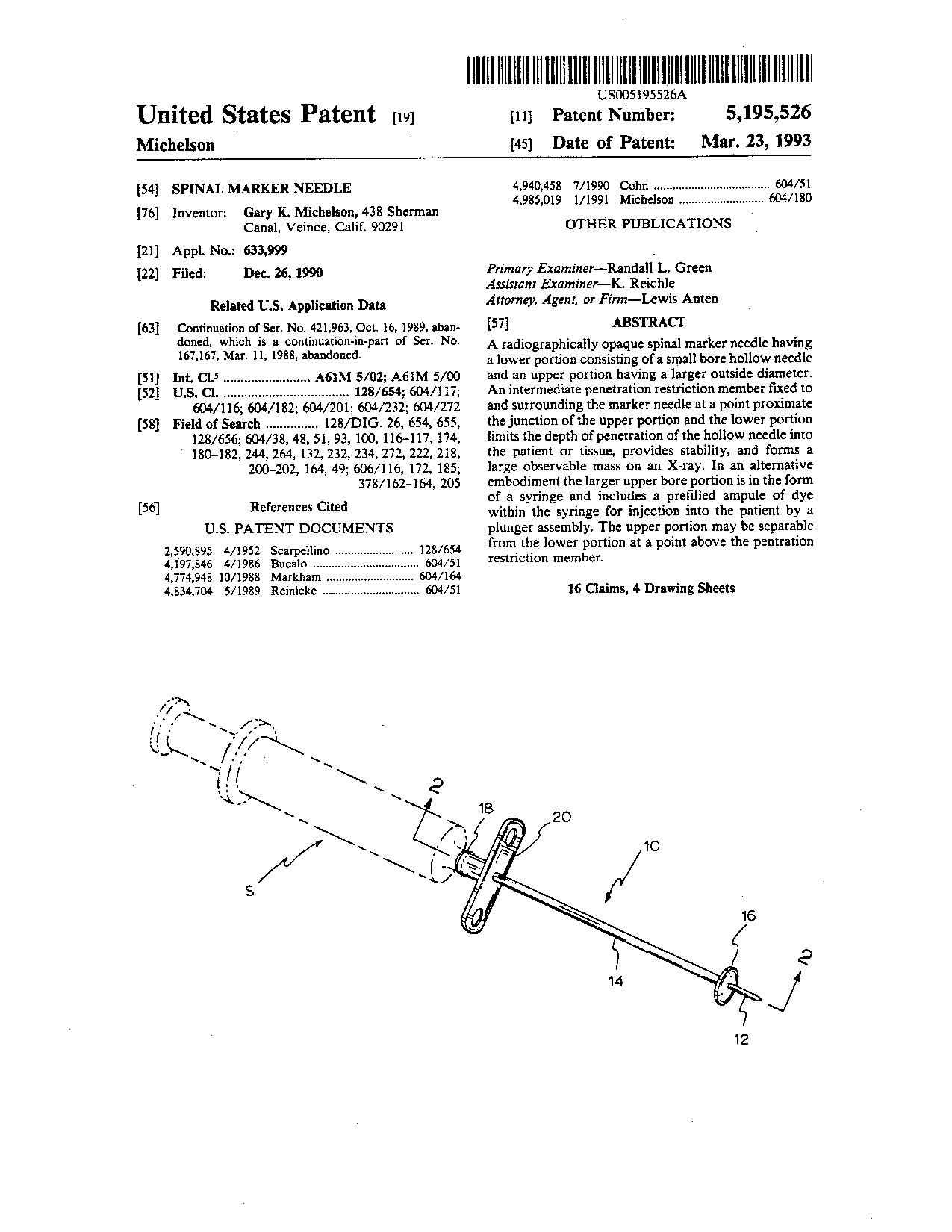 Spinal marker needle - Patent 5,195,526