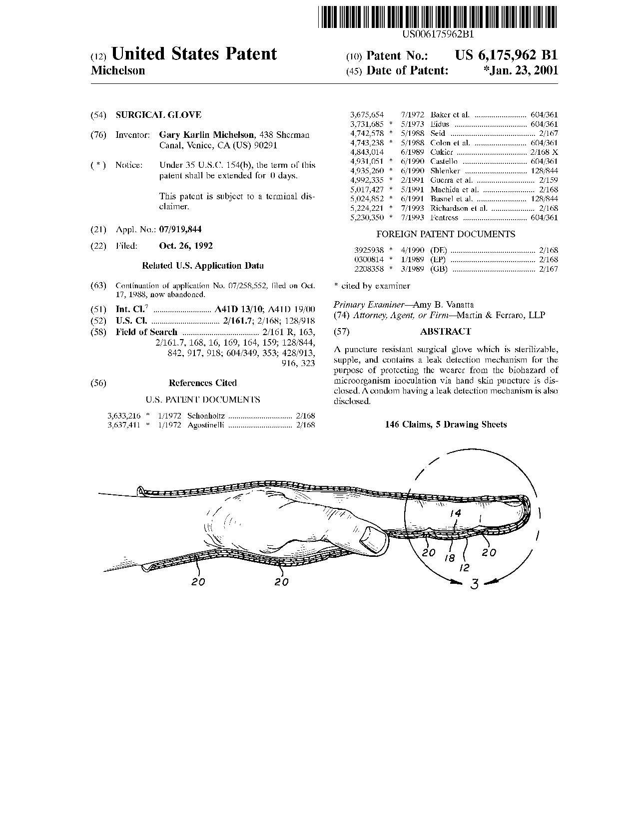 Surgical glove - Patent 6,175,962