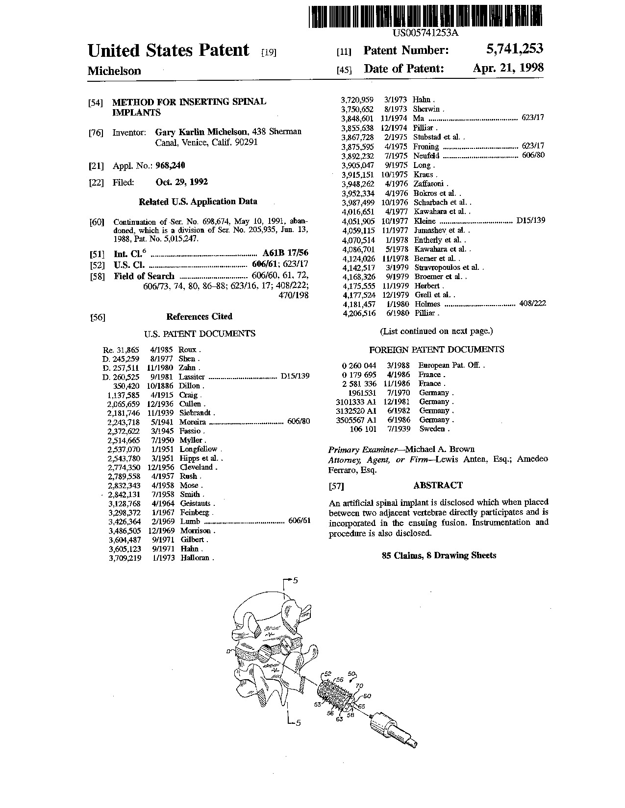 Method for inserting spinal implants - Patent 5,741,253