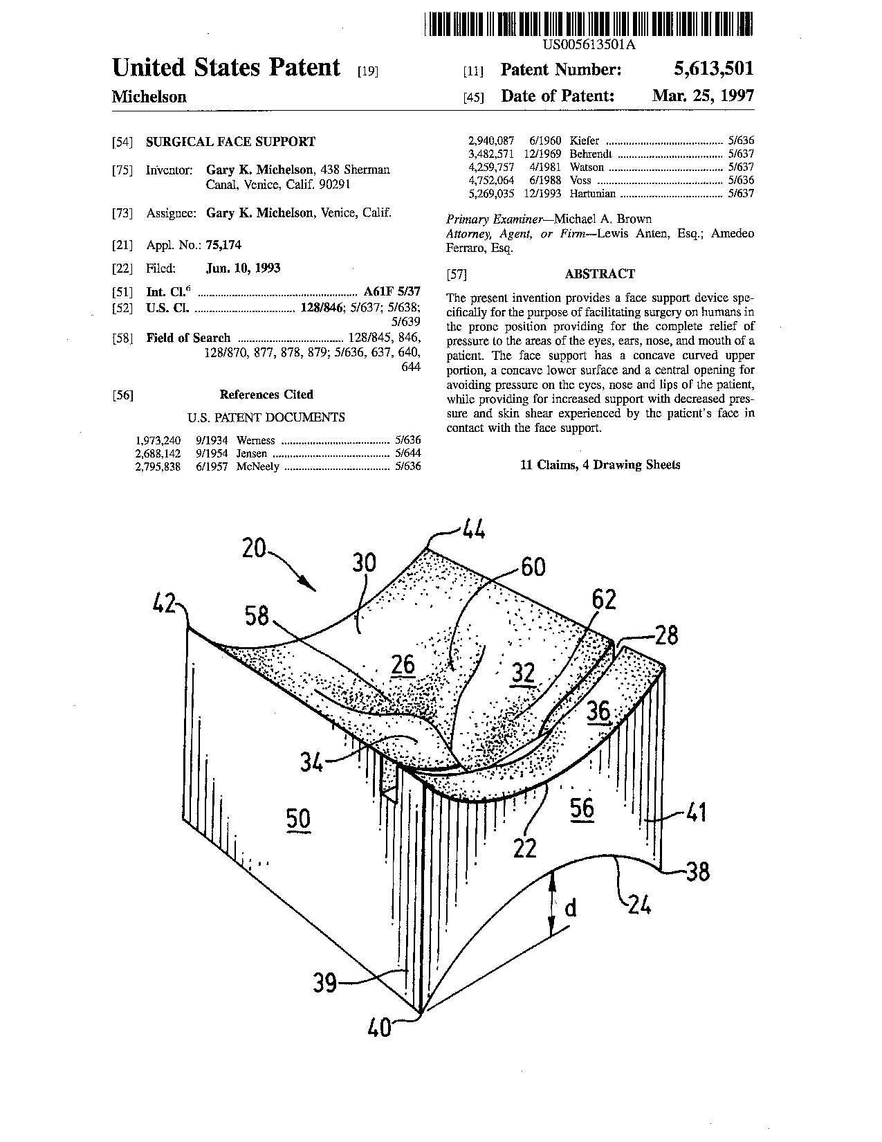 Surgical face support - Patent 5,613,501