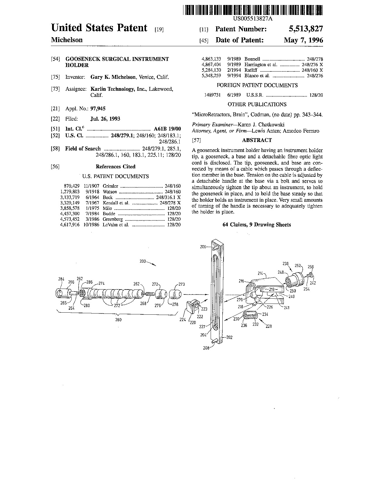 Gooseneck surgical instrument holder - Patent 5,513,827