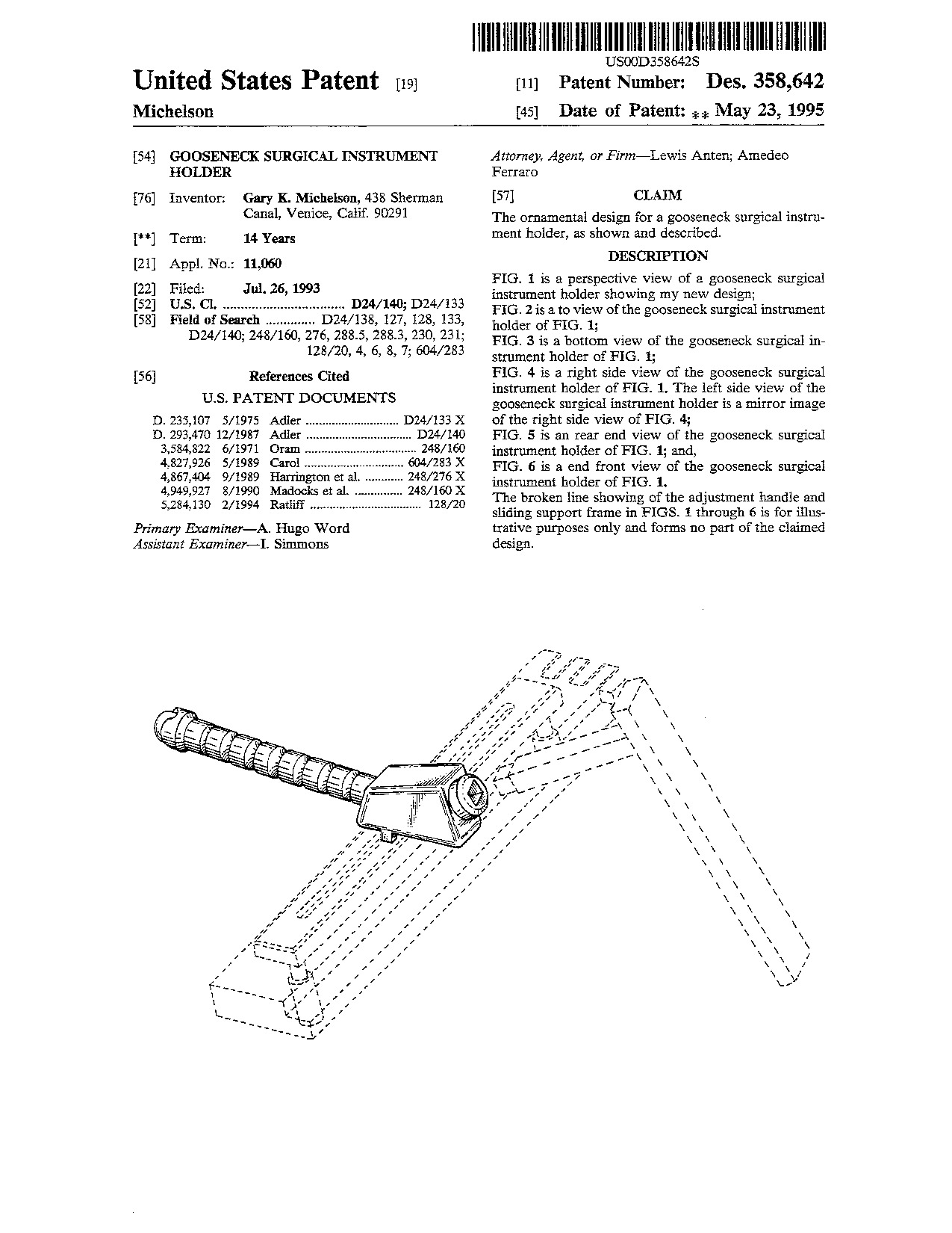 Gooseneck surgical instrument holder - Patent D358,642