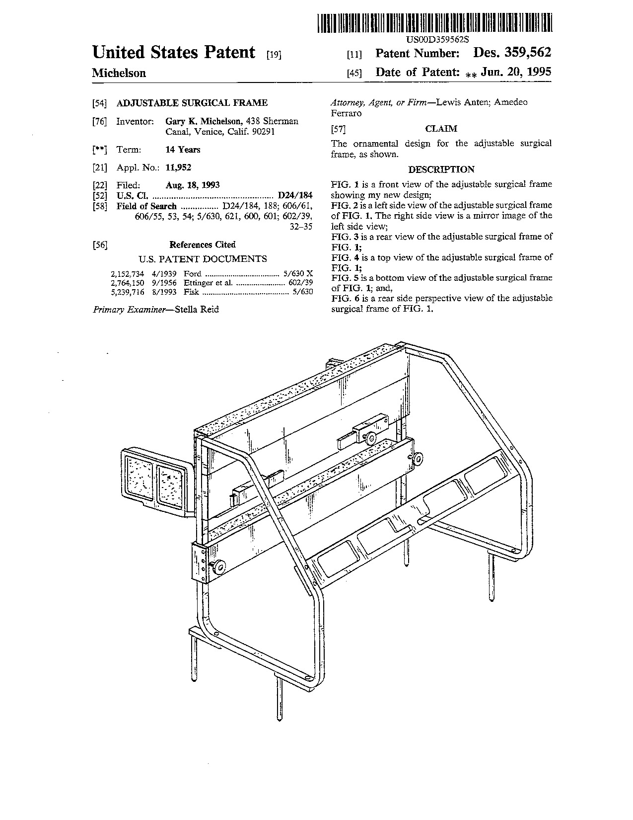 Adjustable surgical frame - Patent D359,562