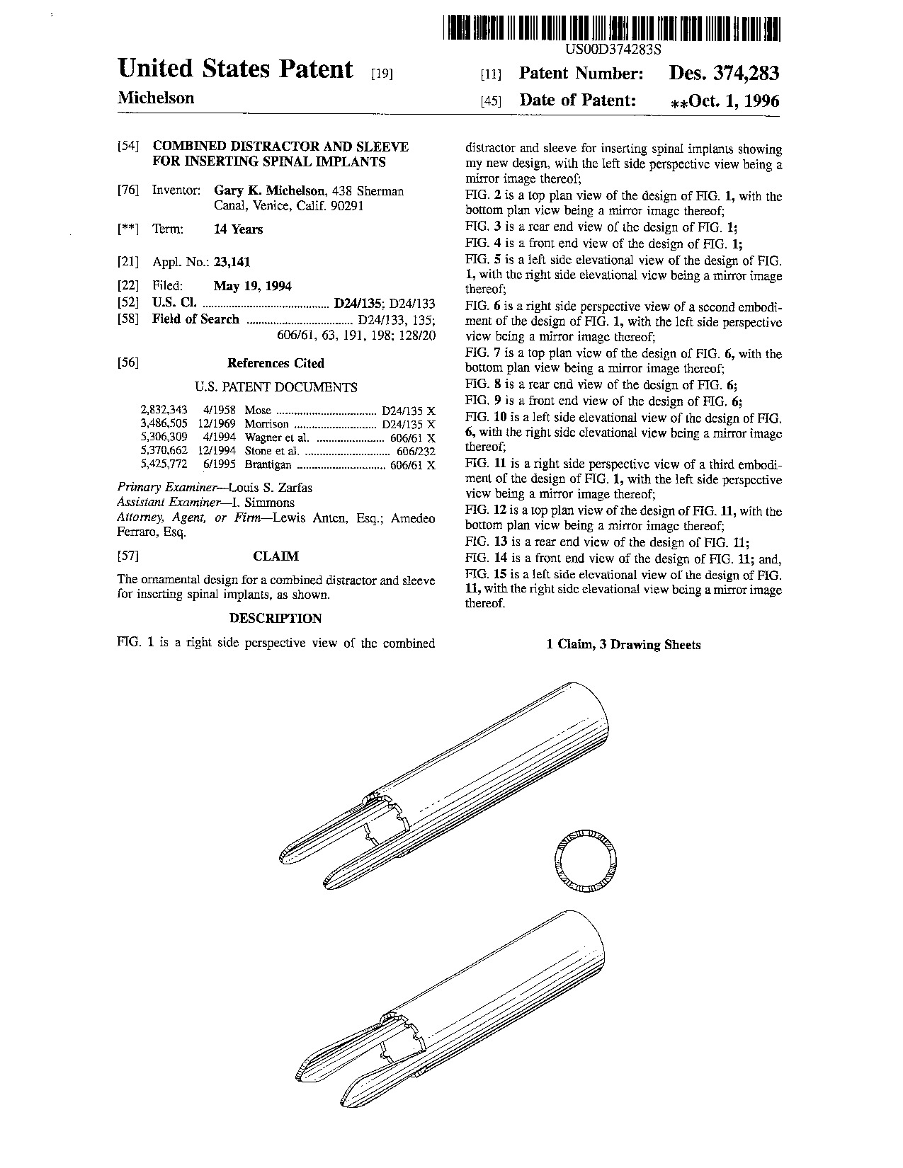 Combined distractor and sleeve for inserting spinal implants - Patent D374,283
