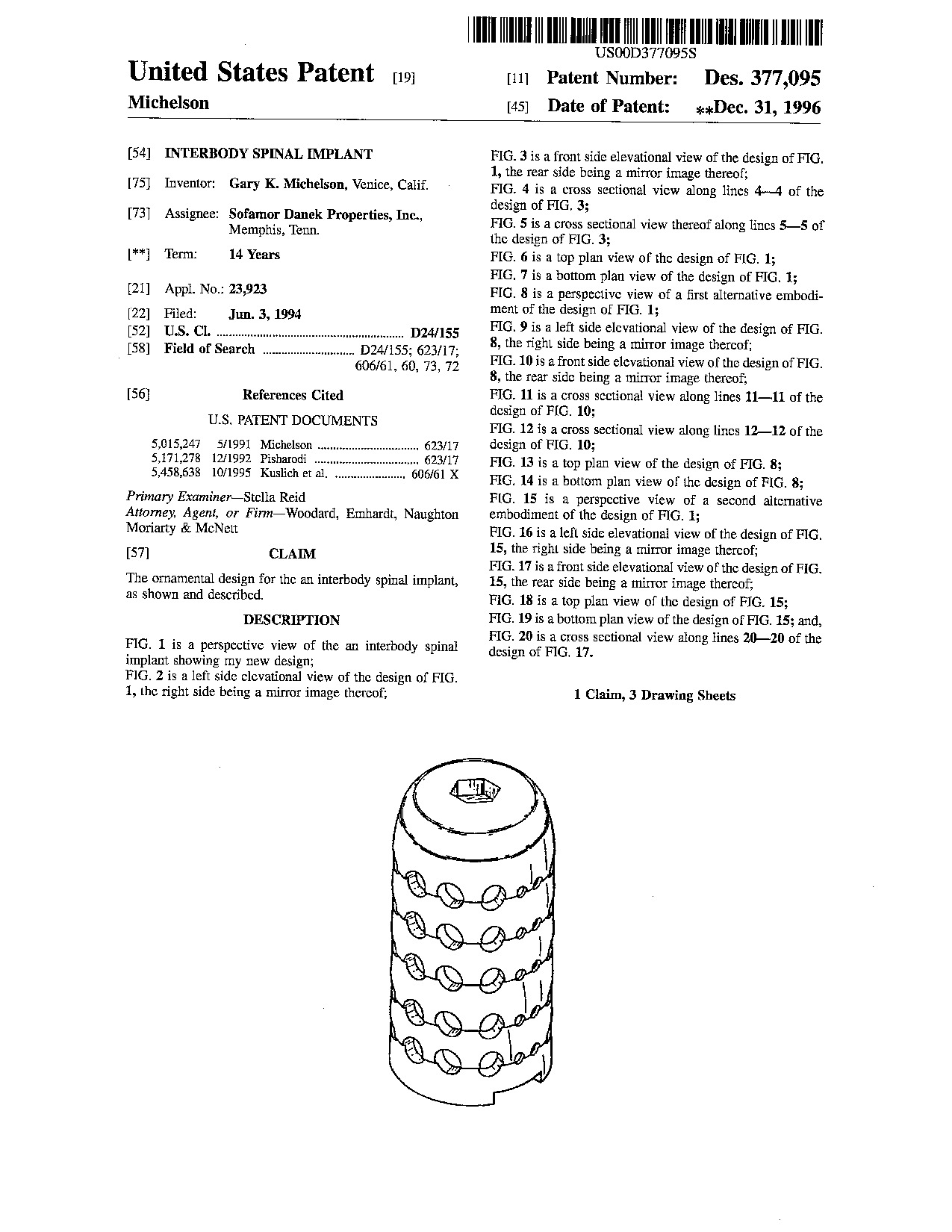 Interbody spinal implant - Patent D377,095