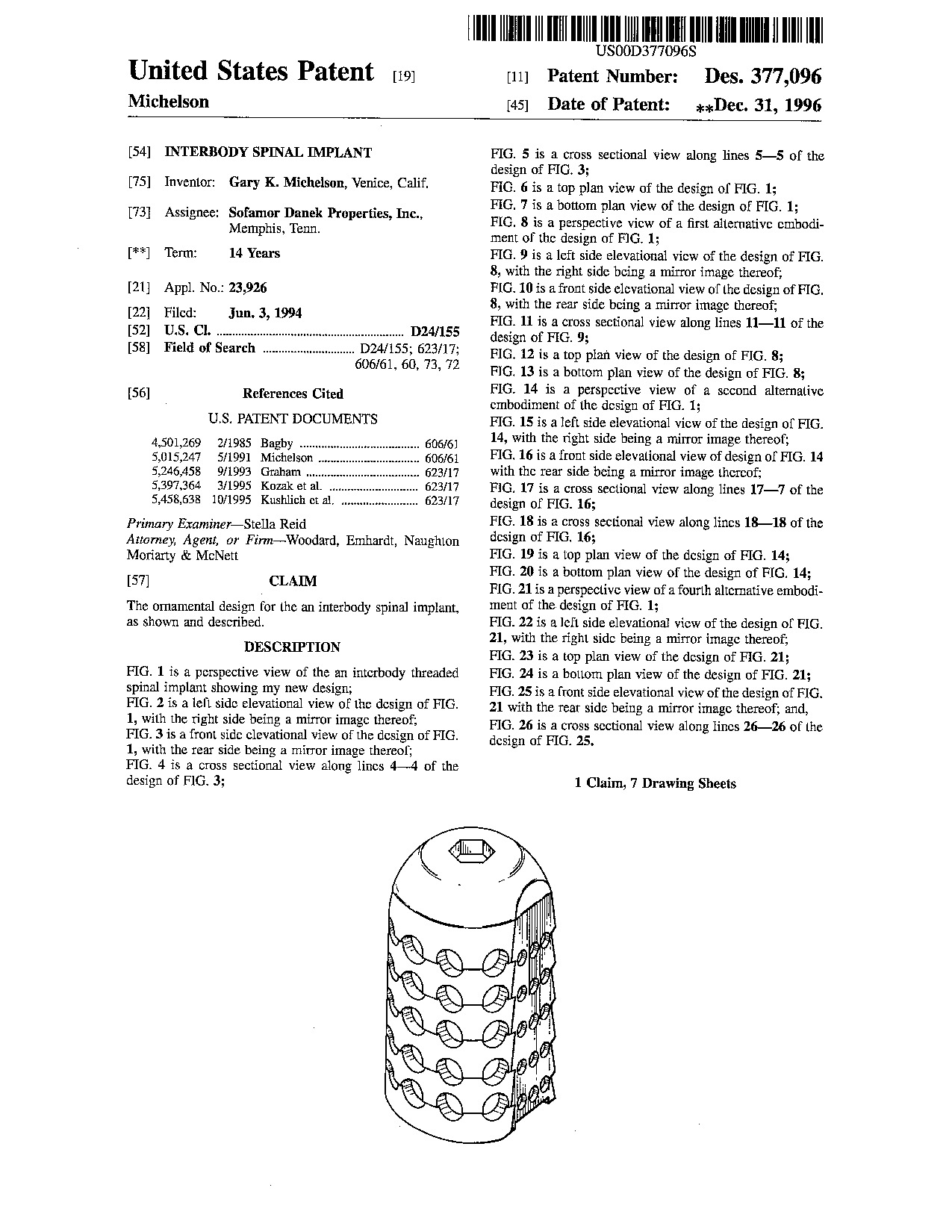 Interbody spinal implant - Patent D377,096