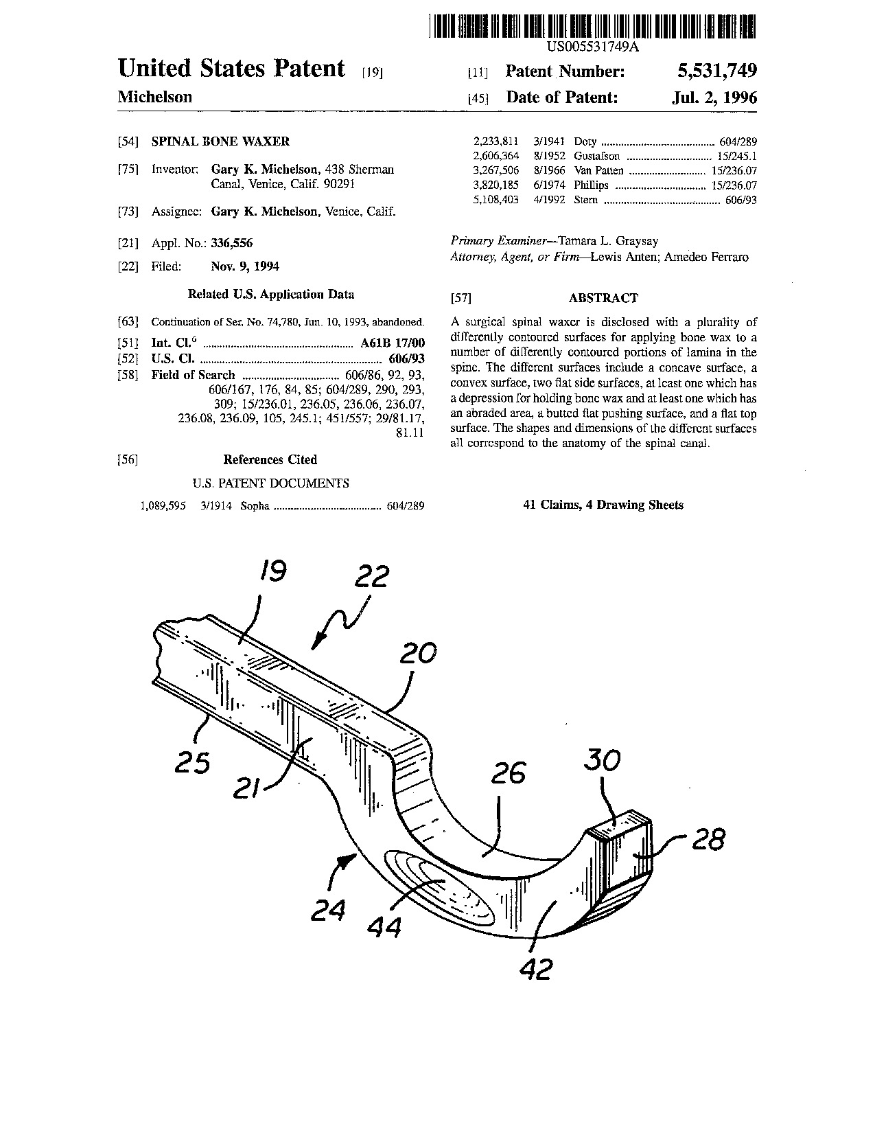 Spinal bone waxer - Patent 5,531,749