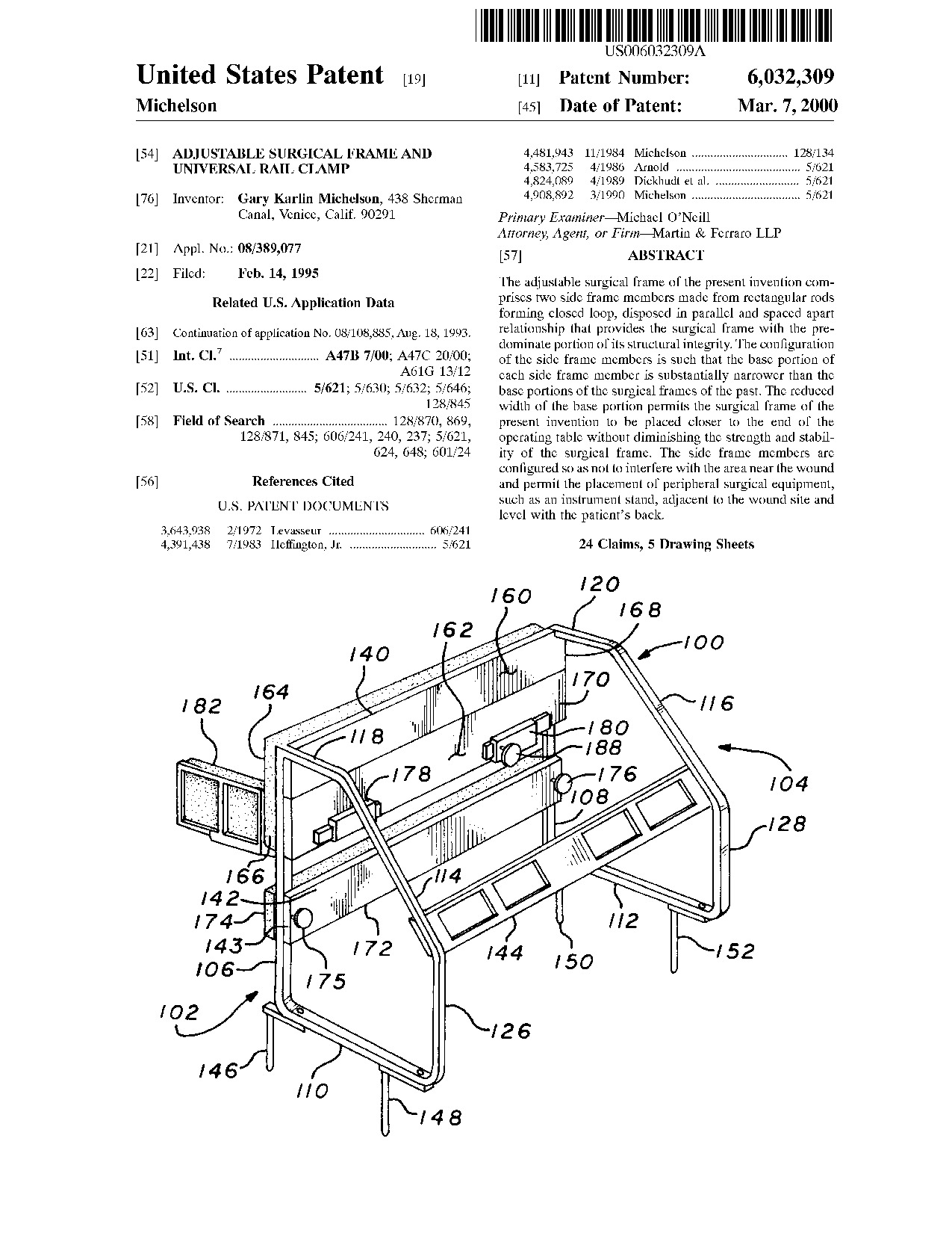Adjustable surgical frame and universal rail clamp - Patent 6,032,309