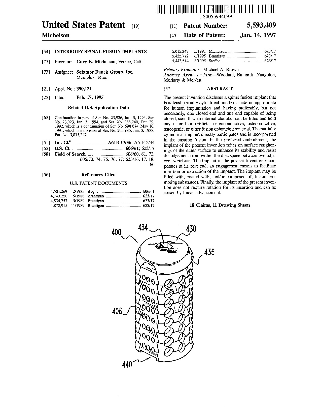 Interbody spinal fusion implants - Patent 5,593,409