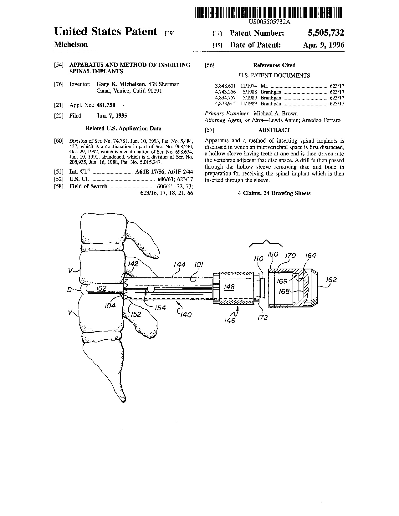 Apparatus and method of inserting spinal implants - Patent 5,505,732