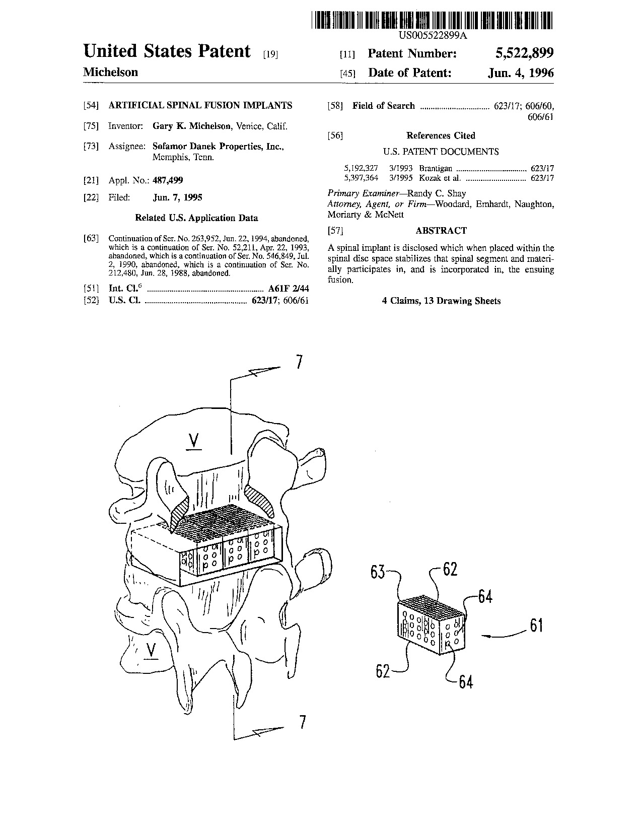 Artificial spinal fusion implants - Patent 5,522,899