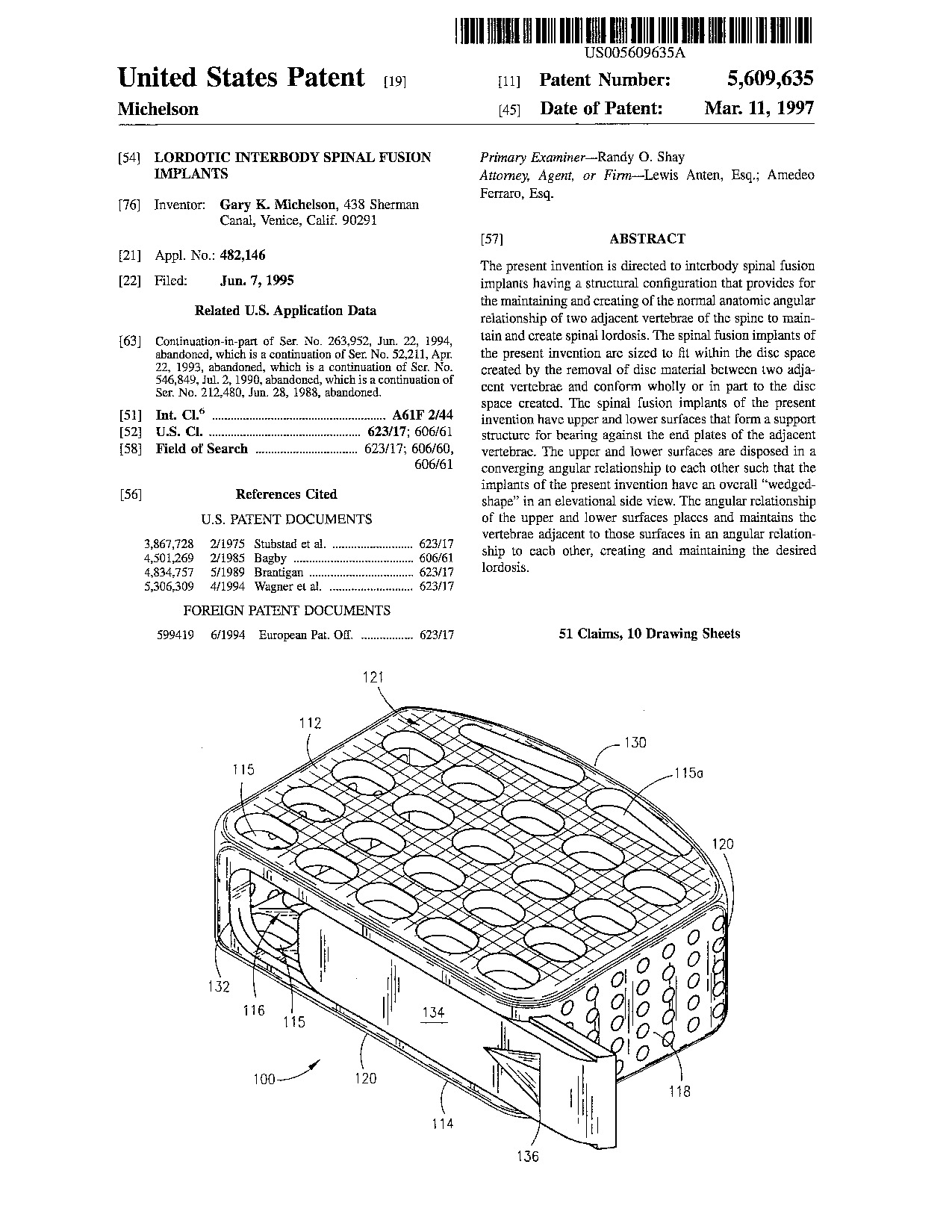 Lordotic interbody spinal fusion implants - Patent 5,609,635