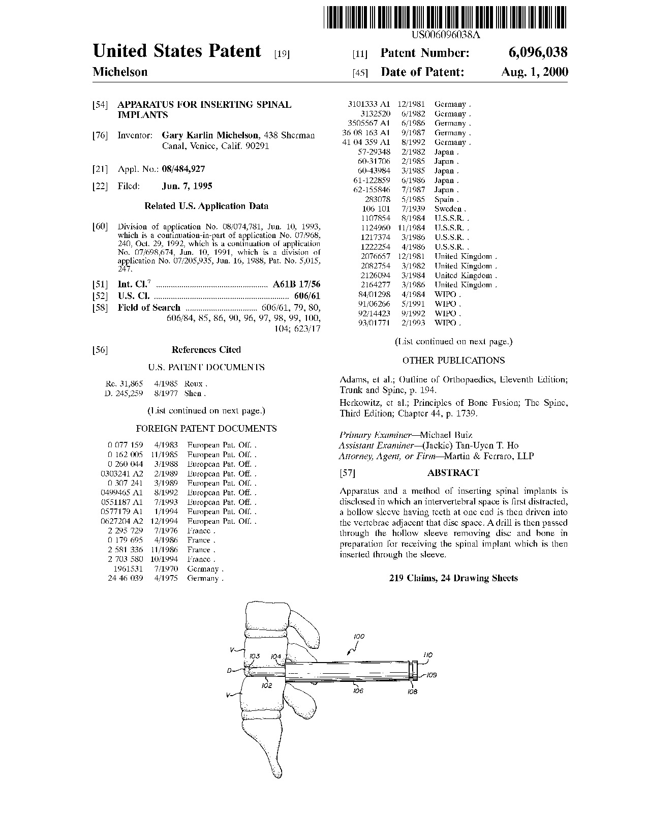 Apparatus for inserting spinal implants - Patent 6,096,038