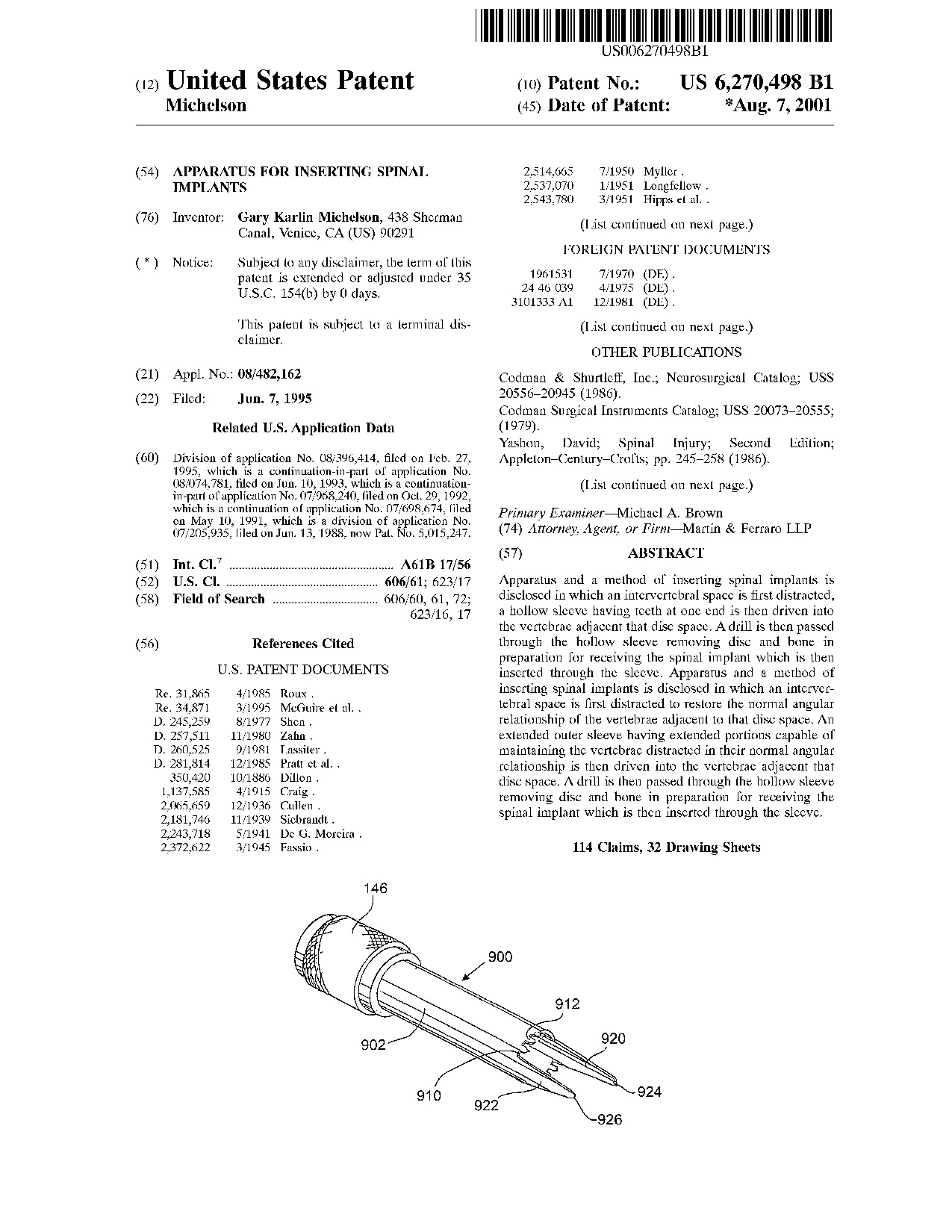 Apparatus for inserting spinal implants - Patent 6,270,498