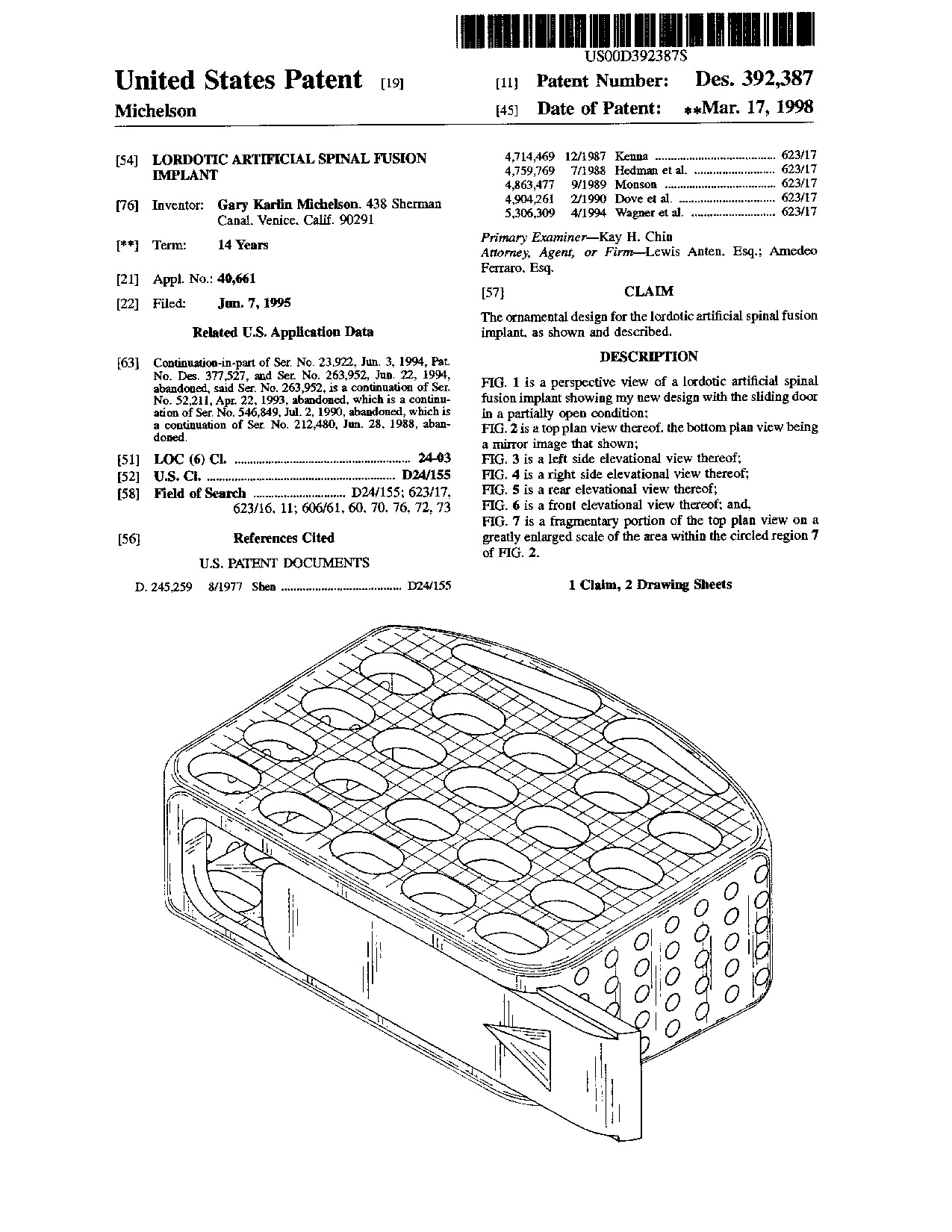 Lordotic artificial spinal fusion implant - Patent D392,387