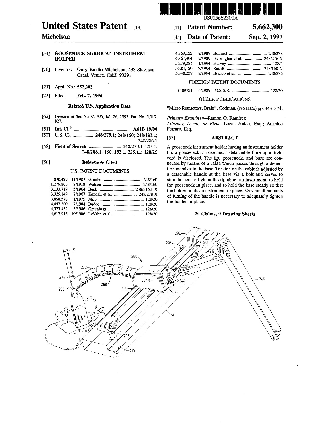 Gooseneck surgical instrument holder - Patent 5,662,300