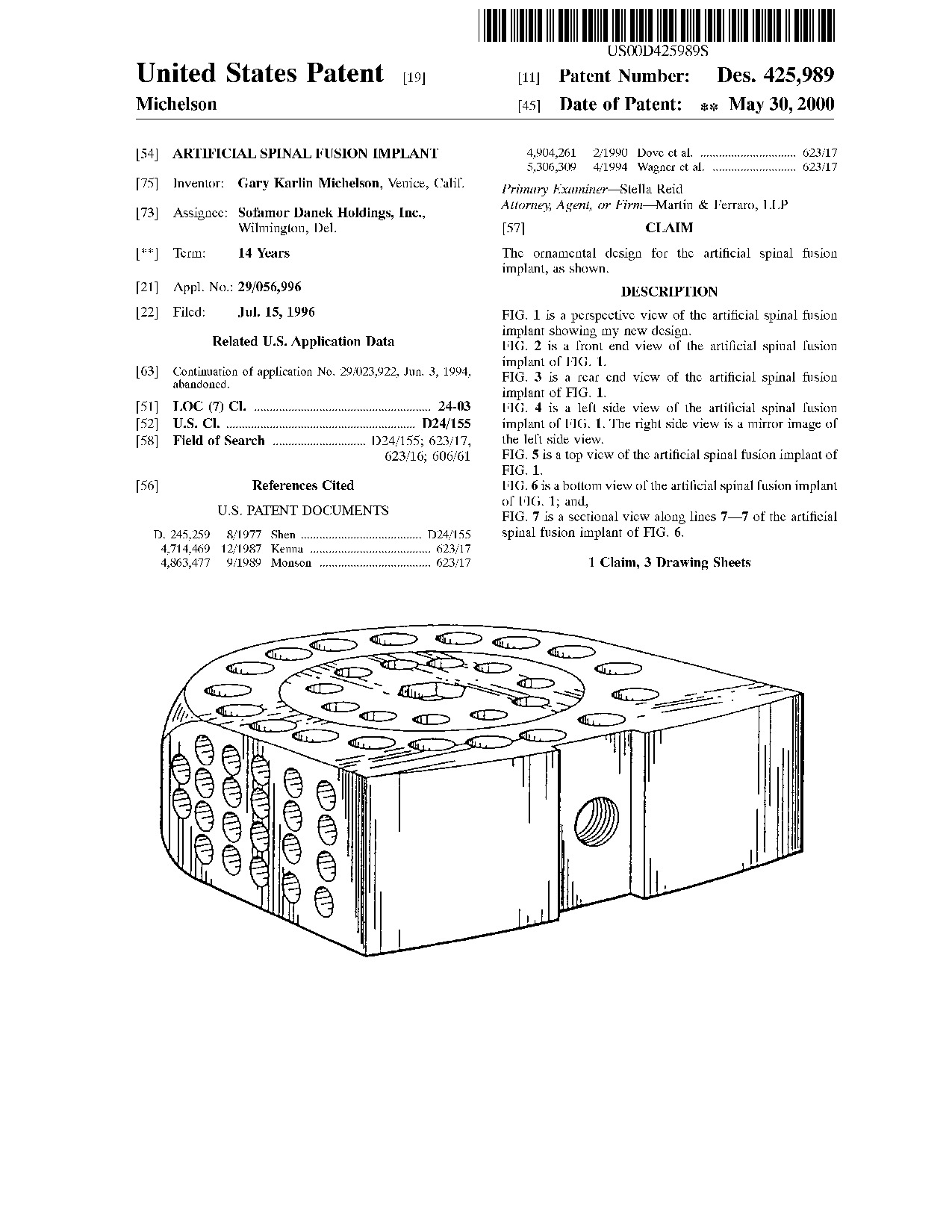 Artificial spinal fusion implant - Patent D425,989
