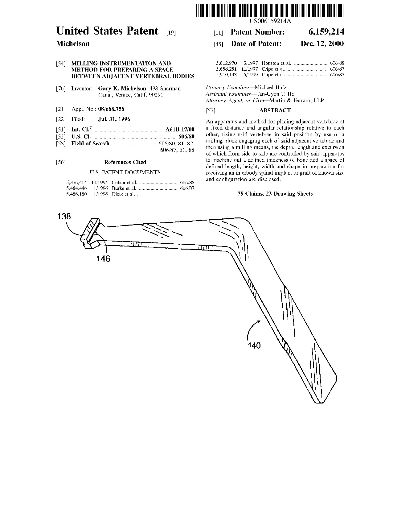 Milling instrumentation and method for preparing a space between     adjacent vertebral bodies - Patent 6,159,214