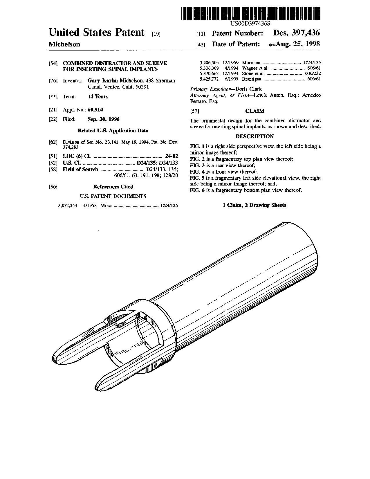 Combined distractor and sleeve for inserting spinal implants - Patent D397,436