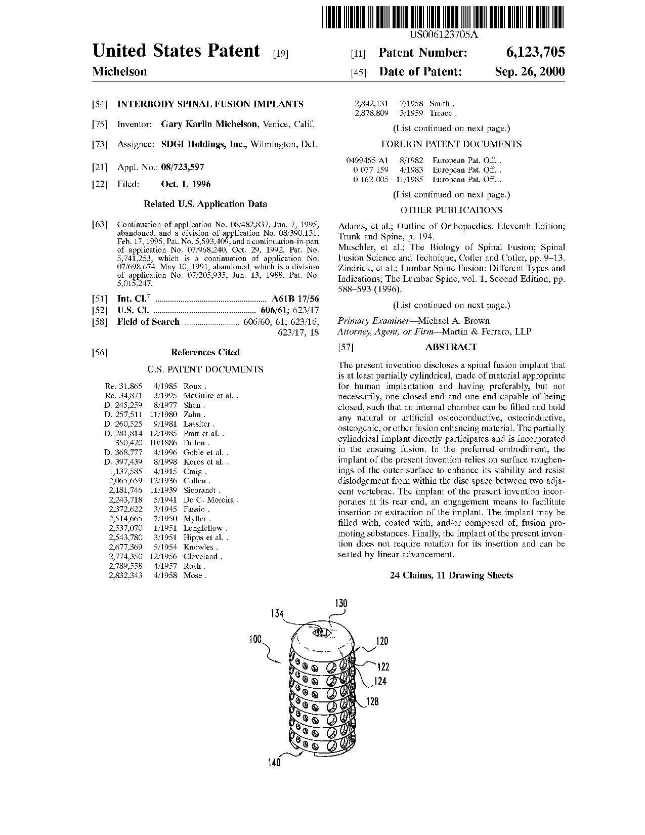Interbody spinal fusion implants - Patent 6,123,705