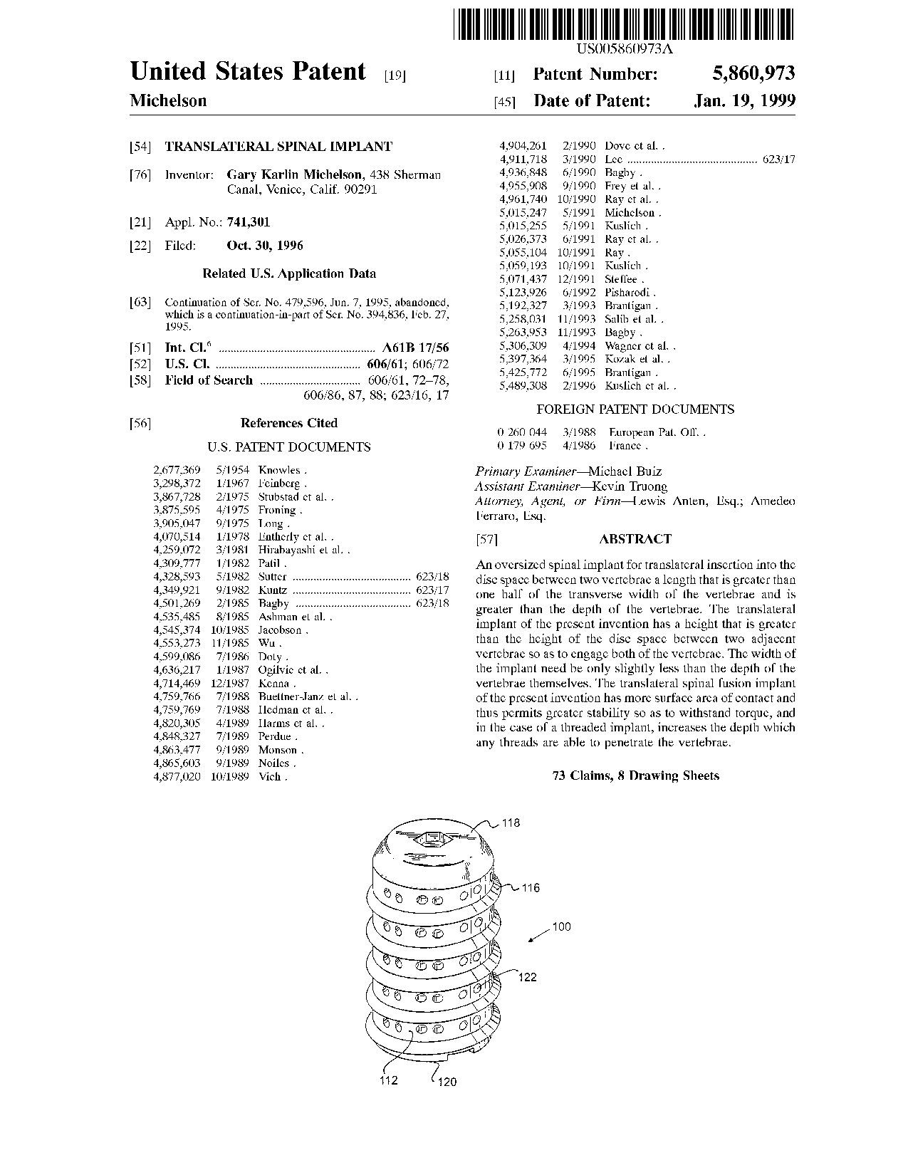 Translateral spinal implant - Patent 5,860,973