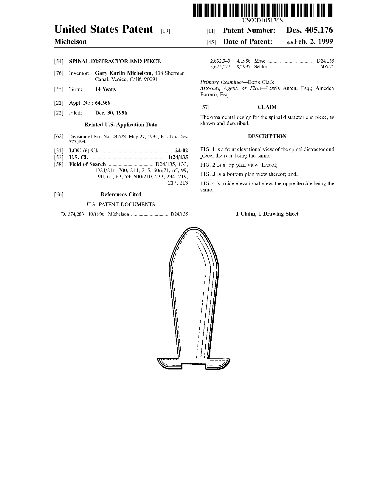 Spinal distractor end piece - Patent D405,176