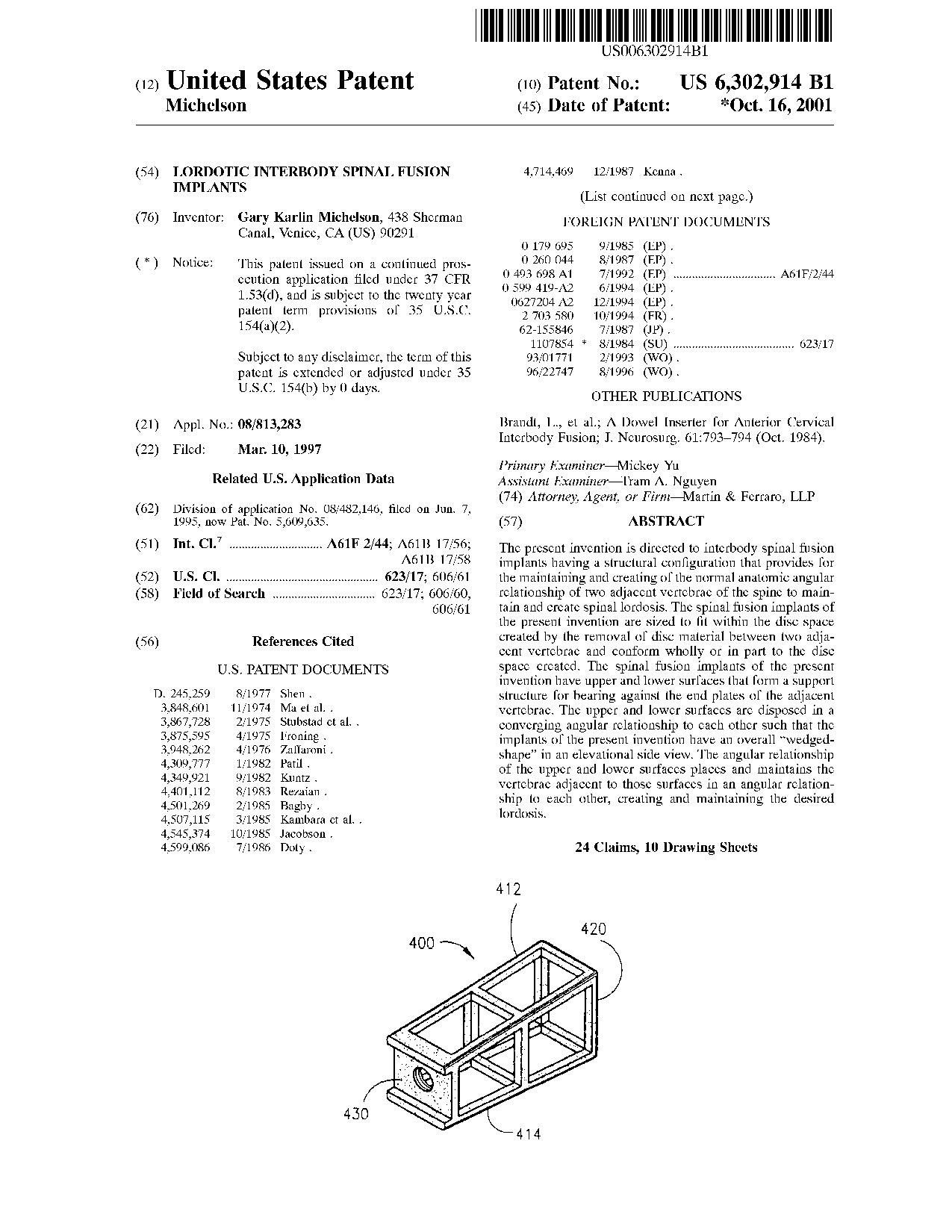 Lordotic interbody spinal fusion implants - Patent 6,302,914