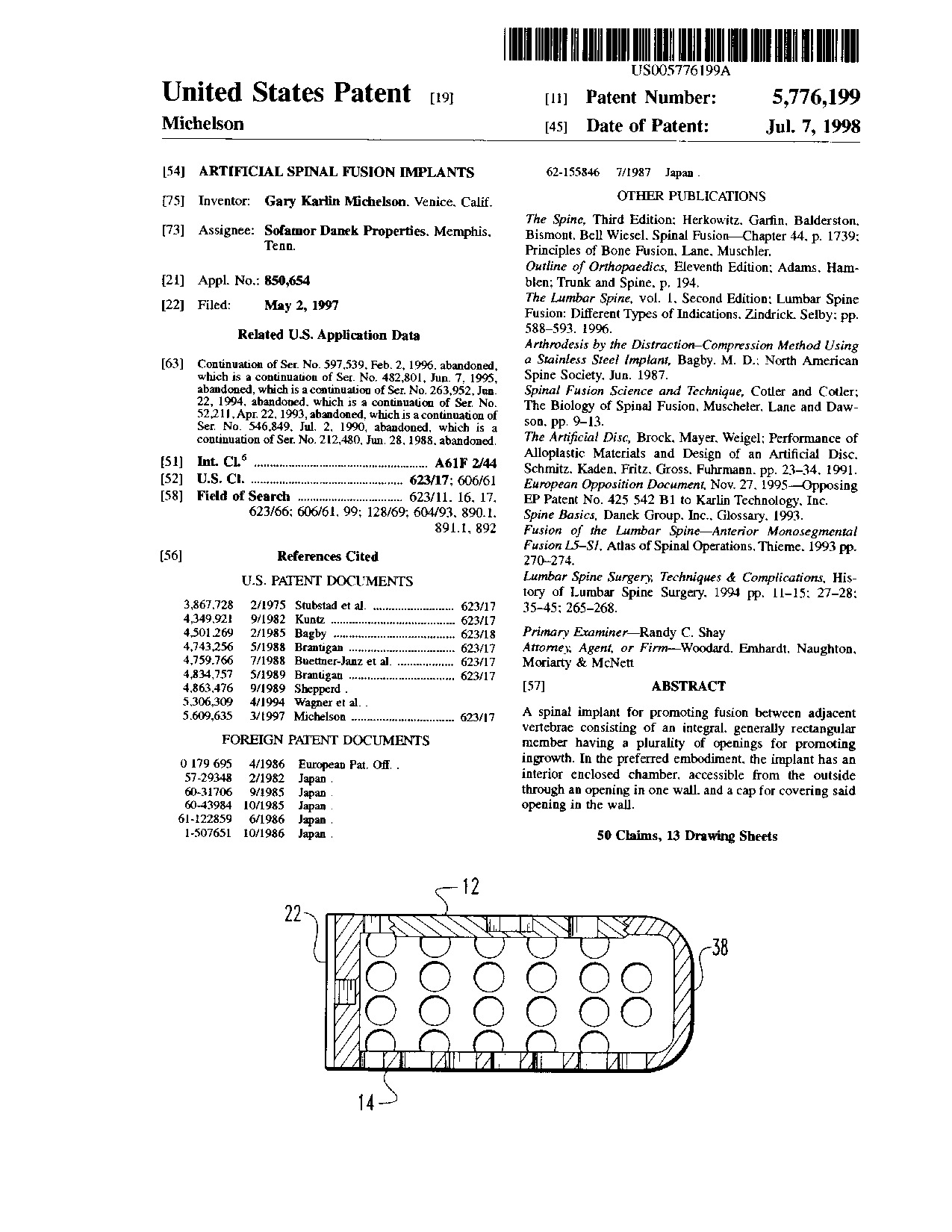 Artificial spinal fusion implants - Patent 5,776,199