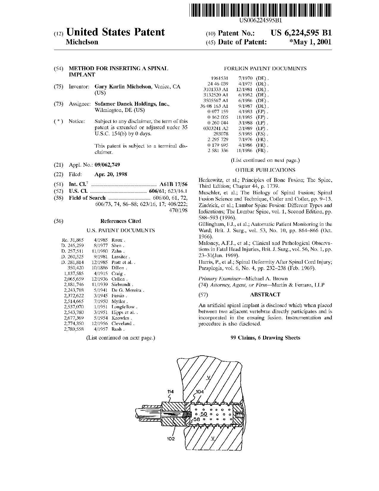Method for inserting a spinal implant - Patent 6,224,595