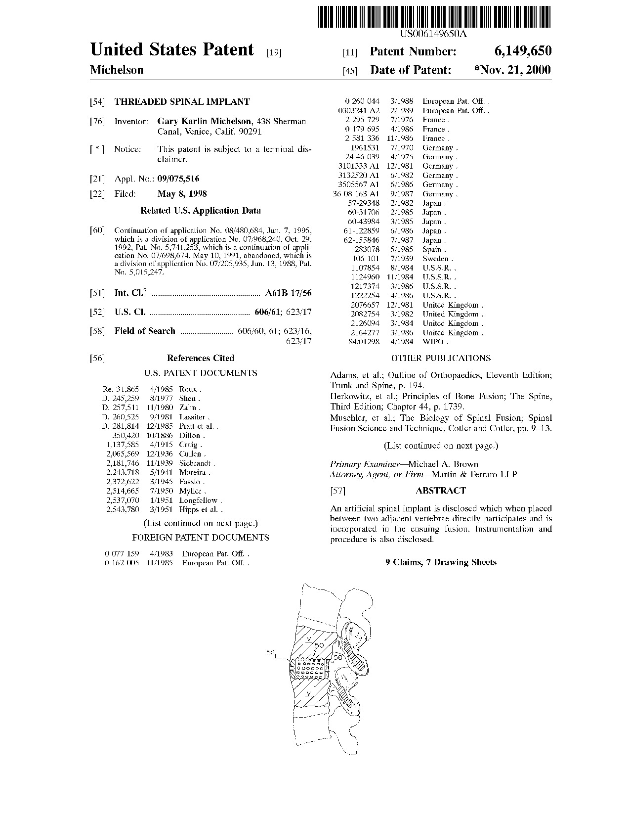 Threaded spinal implant - Patent 6,149,650
