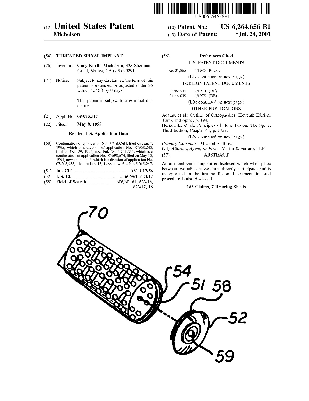 Threaded spinal implant - Patent 6,264,656