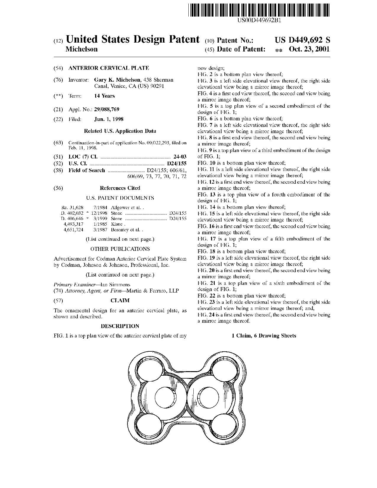 Anterior cervical plate - Patent D449,692