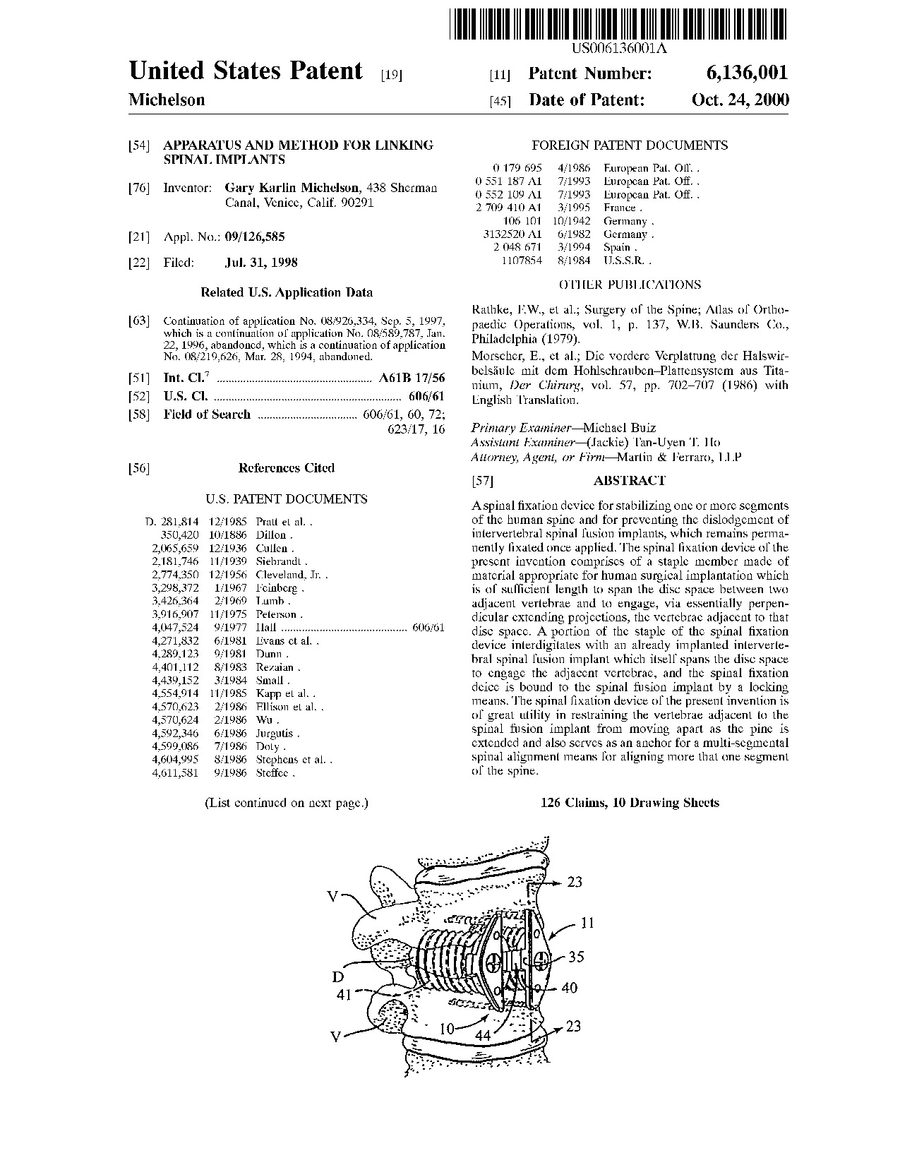 Apparatus and method for linking spinal implants - Patent 6,136,001