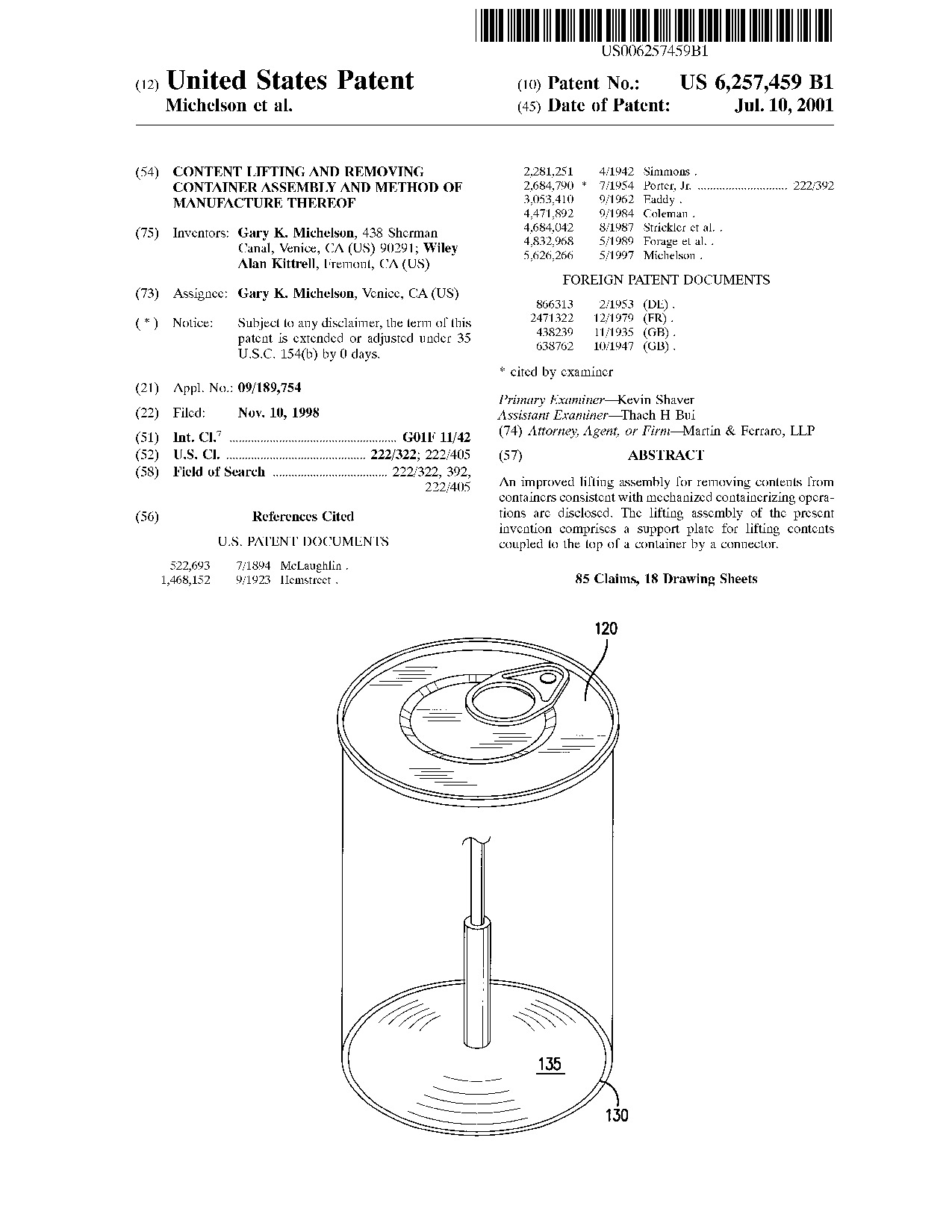 Content lifting and removing container assembly and method of manufacture     thereof - Patent 6,257,459