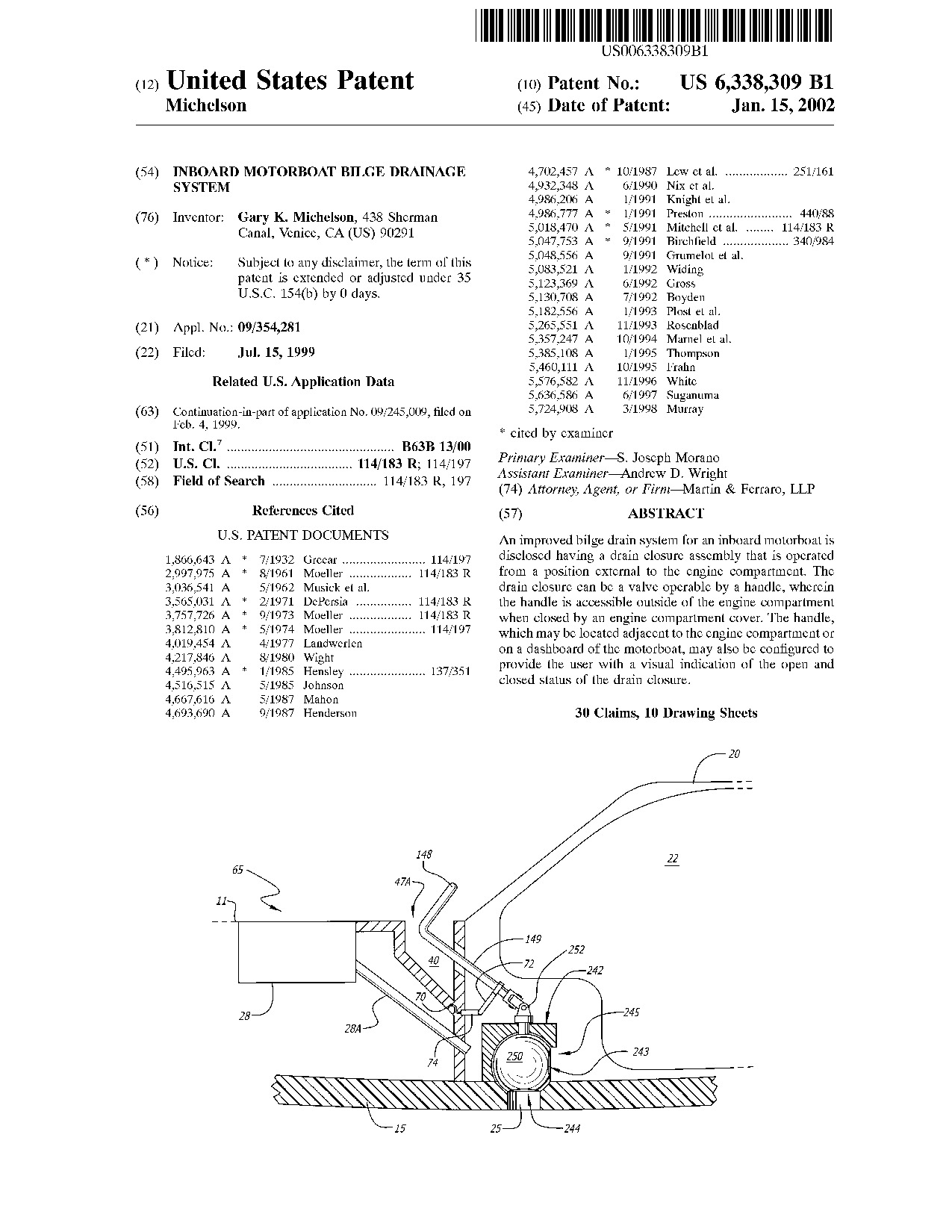 Inboard motorboat bilge drainage system - Patent 6,338,309