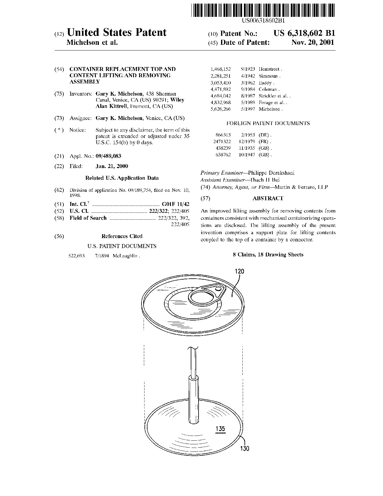 Container replacement top and content lifting and removing assembly - Patent 6,318,602
